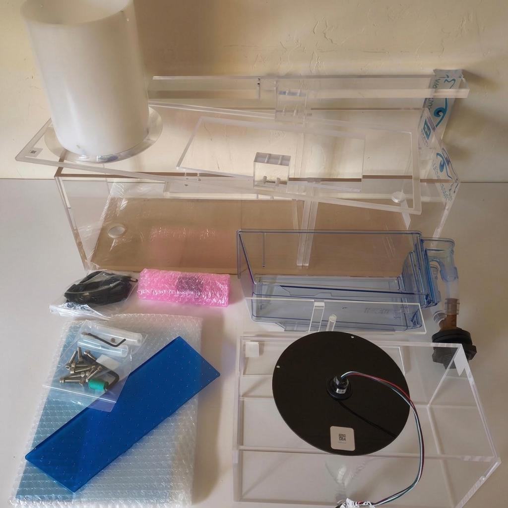 CanaryTank parts laid out as shipped: acrylic container, beam expander, aquarium, mirror, laser assembly, cables and hardware